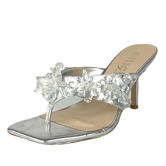 Rouge by Helium Thong Square Toe Stiletto Heel Women's Sandals Silver/Clear - Picture 5 of 12